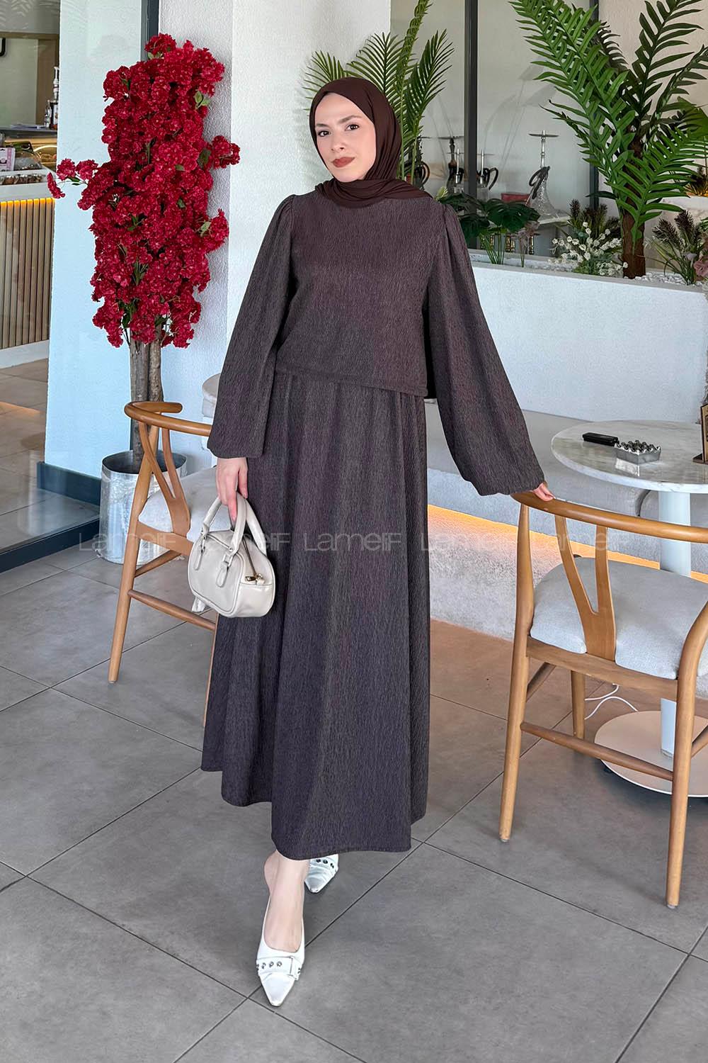 Lamelif Balon Kol Krinkıl Etek Tesettür Takım Acı Kahve