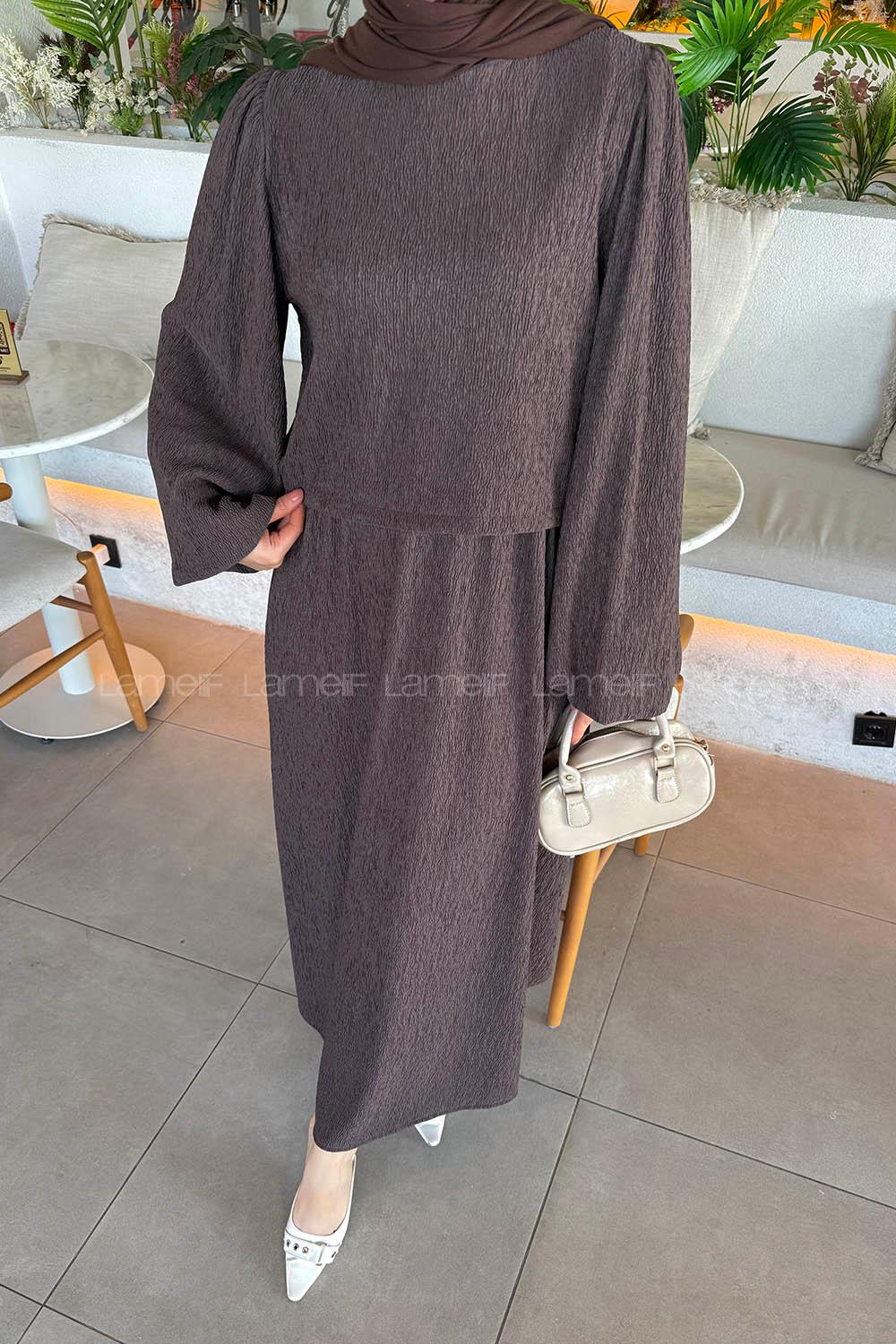 Lamelif Balon Kol Krinkıl Etek Tesettür Takım Acı Kahve