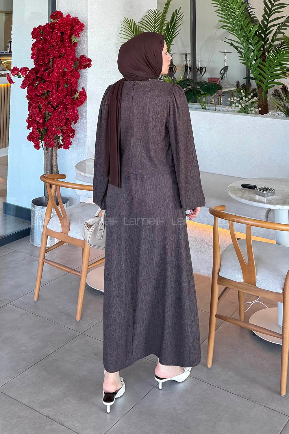 Lamelif Balon Kol Krinkıl Etek Tesettür Takım Acı Kahve