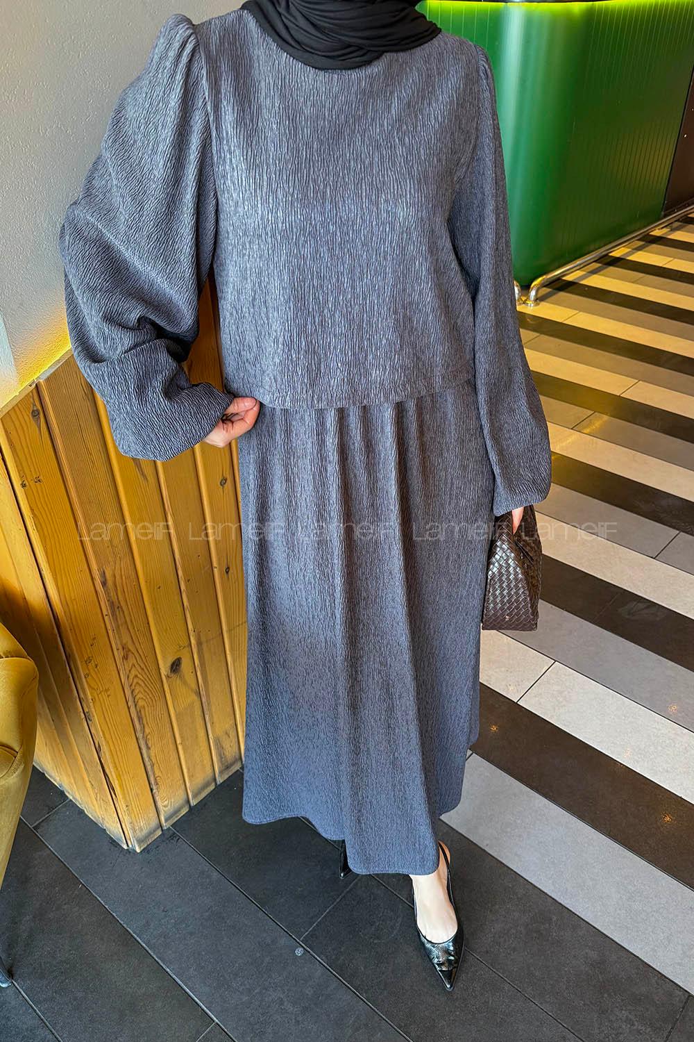 Lamelif Balon Kol Krinkıl Etek Tesettür Takım Antrasit