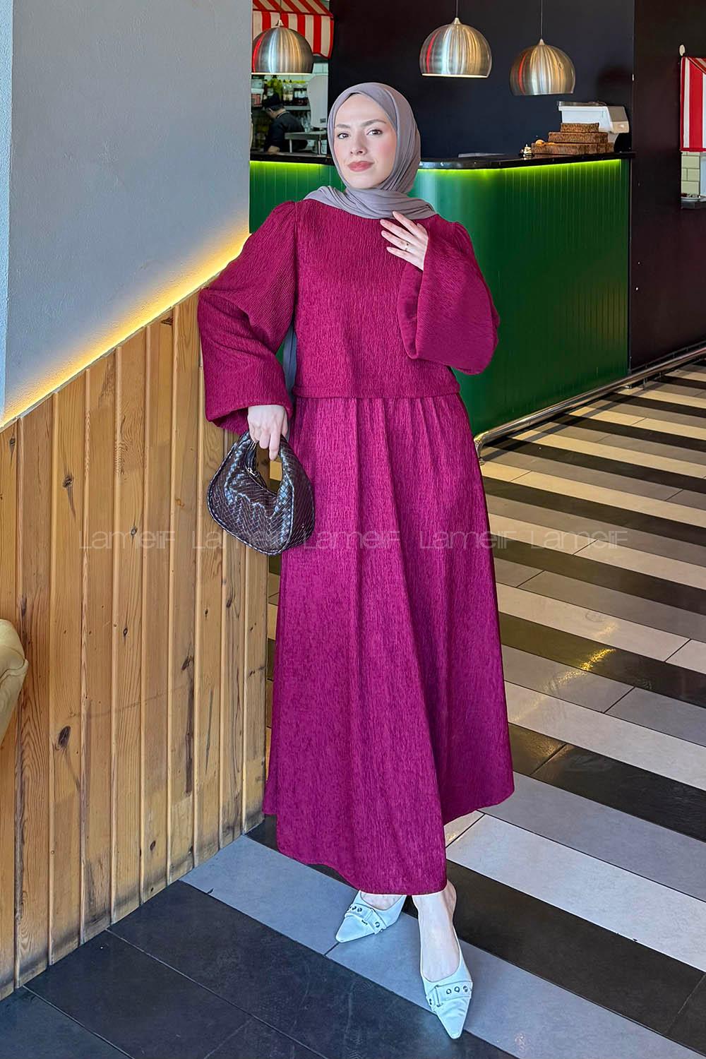 Lamelif Balon Kol Krinkıl Etek Tesettür Takım Bordo