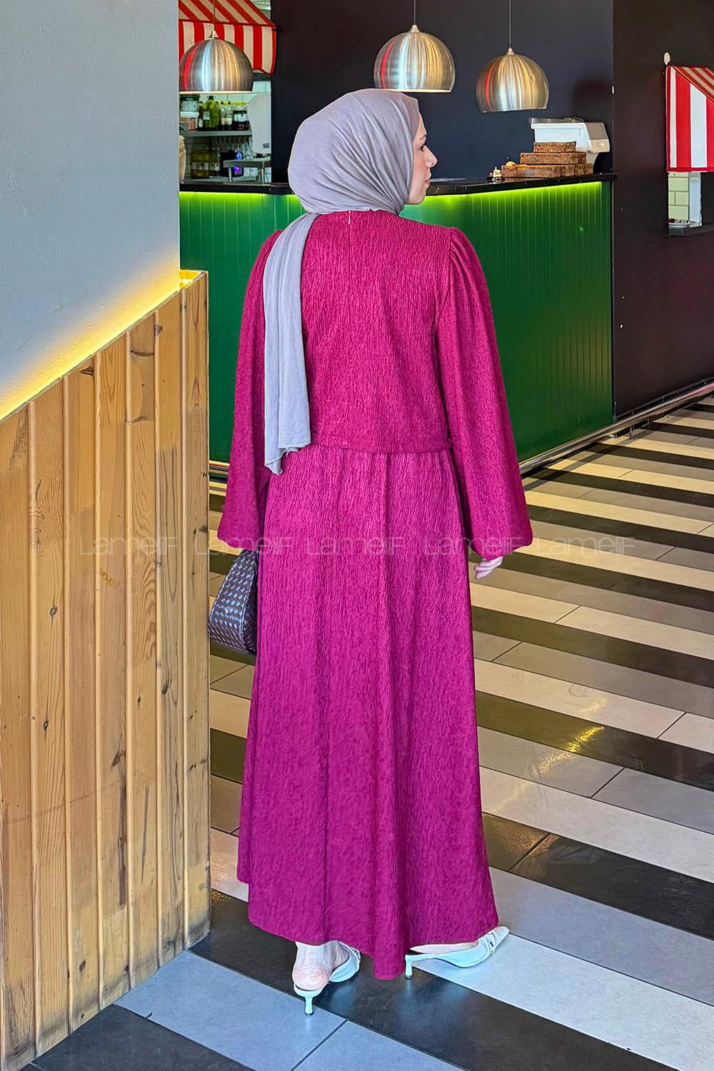 Lamelif Balon Kol Krinkıl Etek Tesettür Takım Bordo