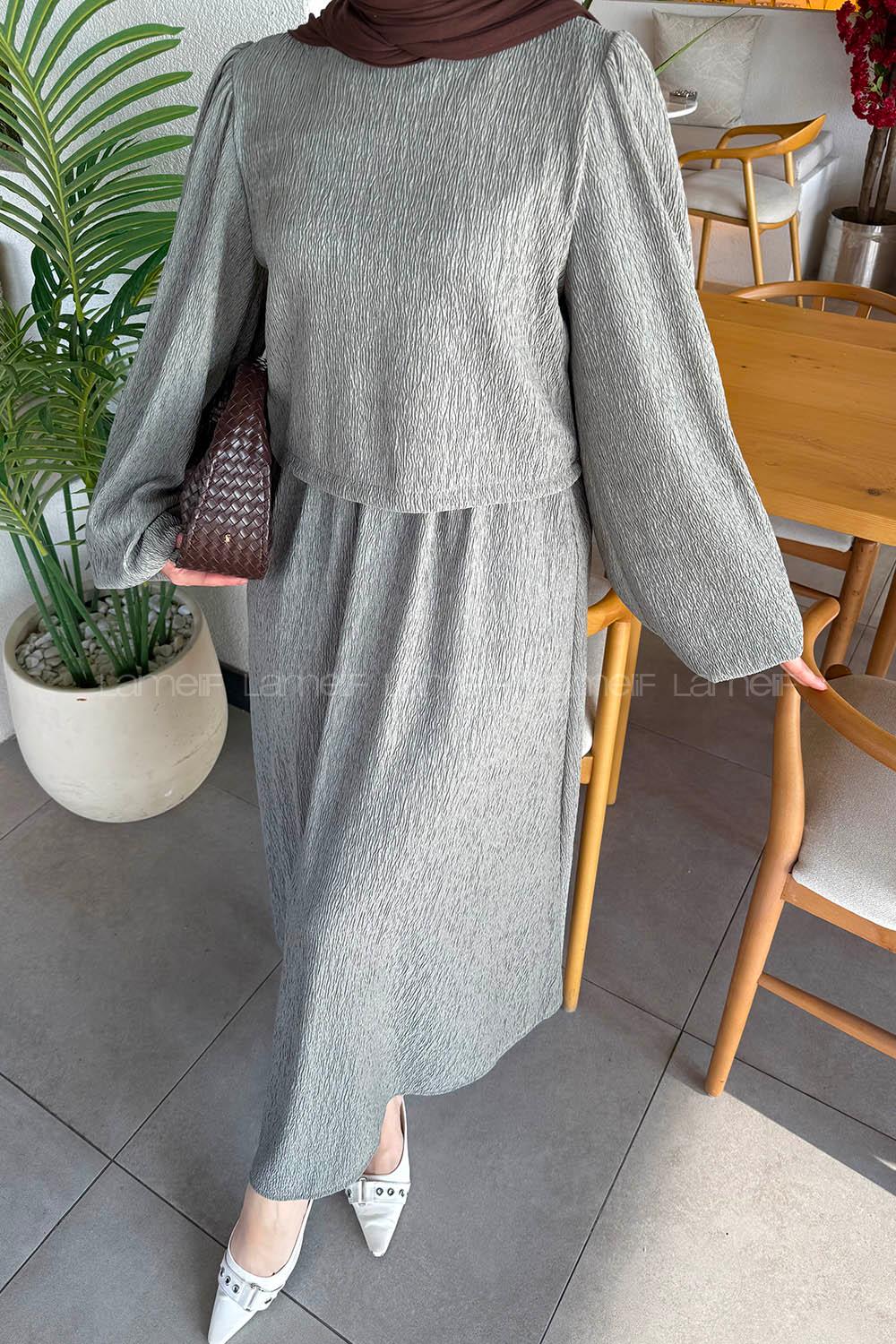 Lamelif Balon Kol Krinkıl Etek Tesettür Takım Haki