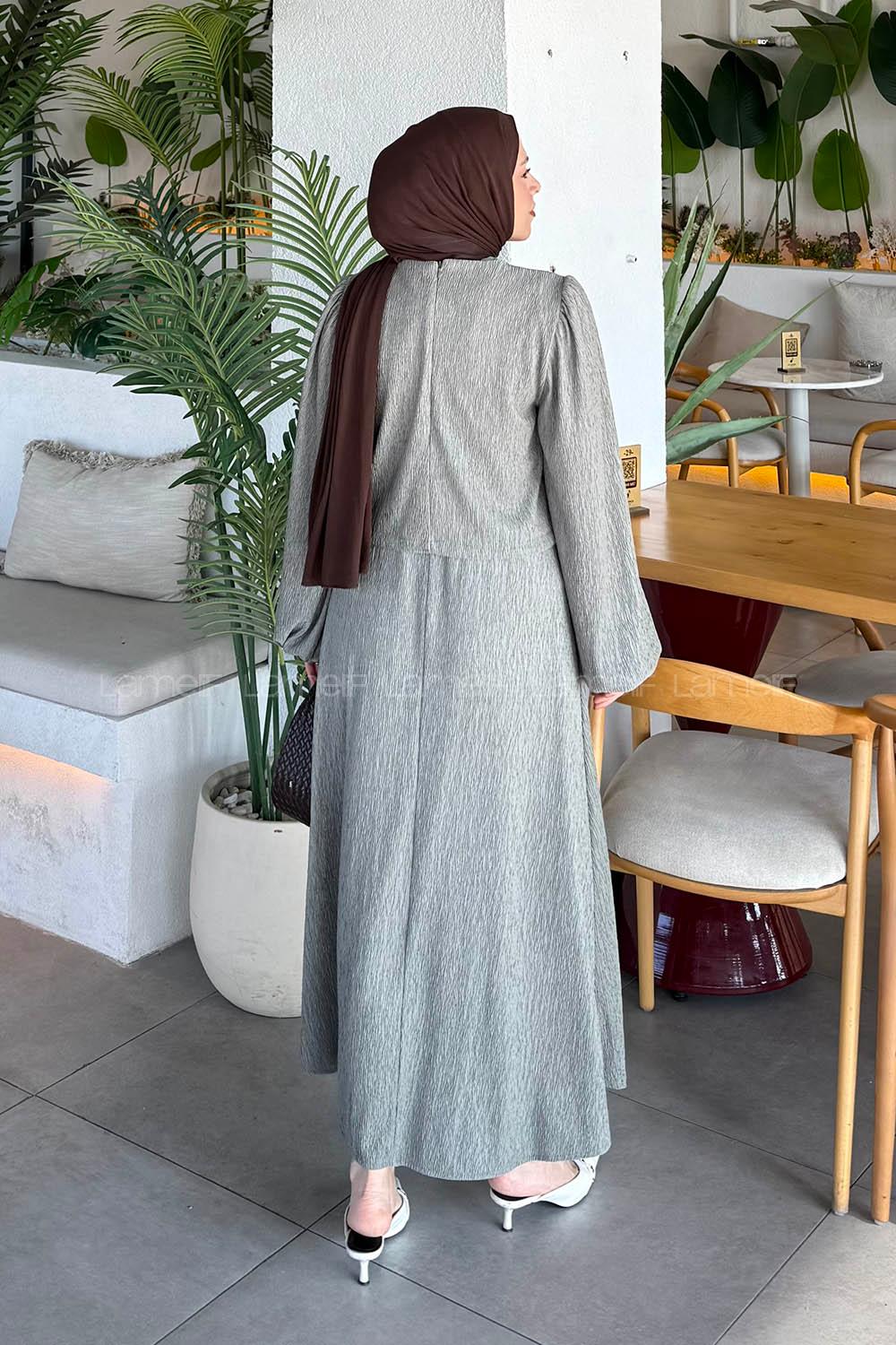 Lamelif Balon Kol Krinkıl Etek Tesettür Takım Haki