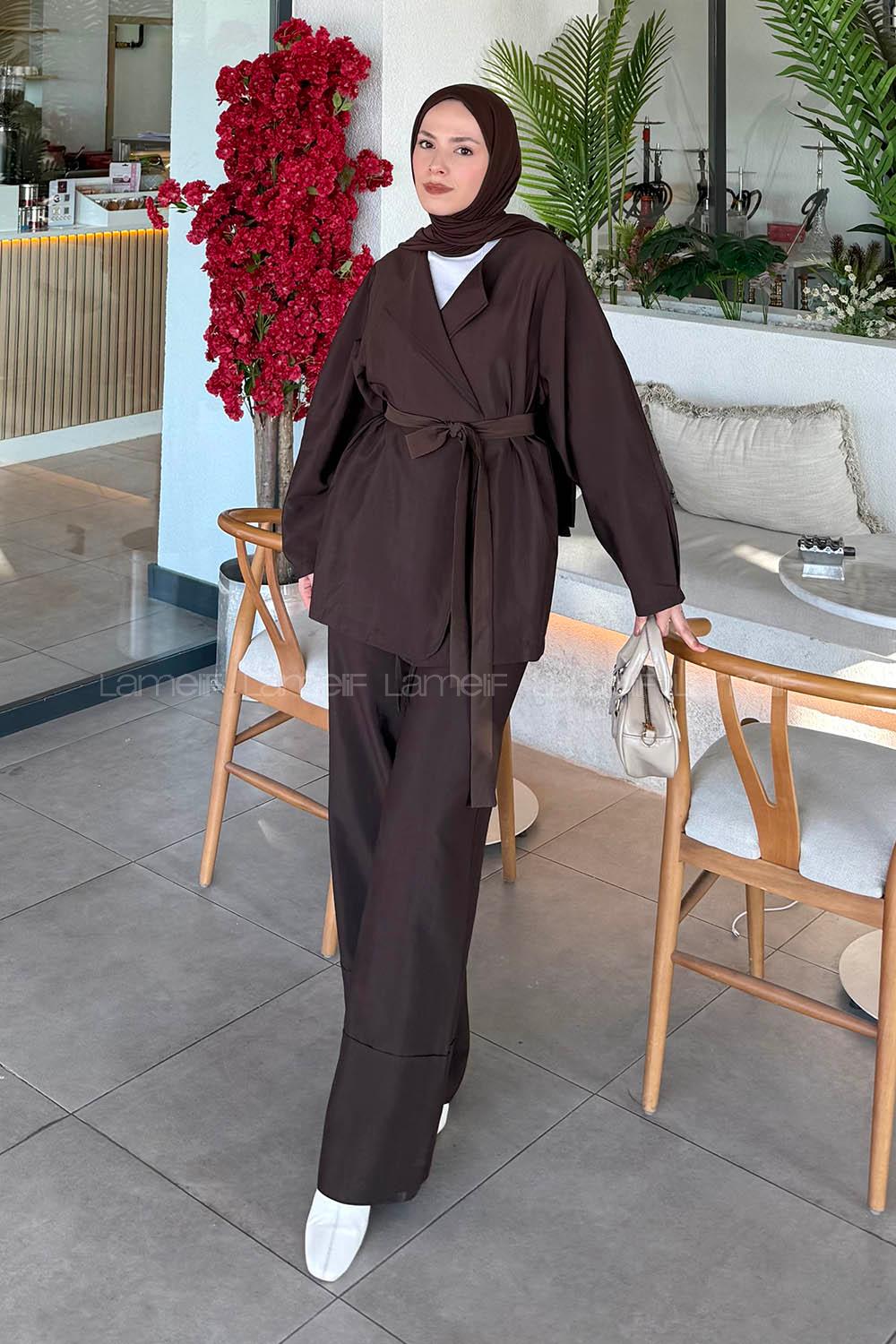 Lamelif Balon Kol Pantolonlu Takım Acı Kahve
