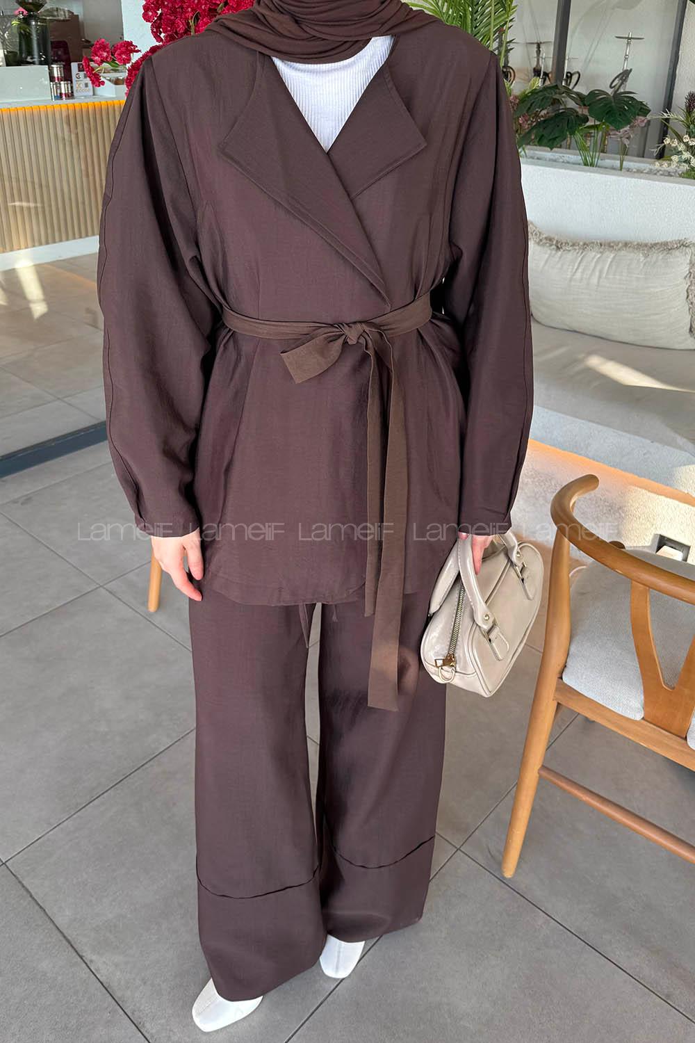 Lamelif Balon Kol Pantolonlu Takım Acı Kahve