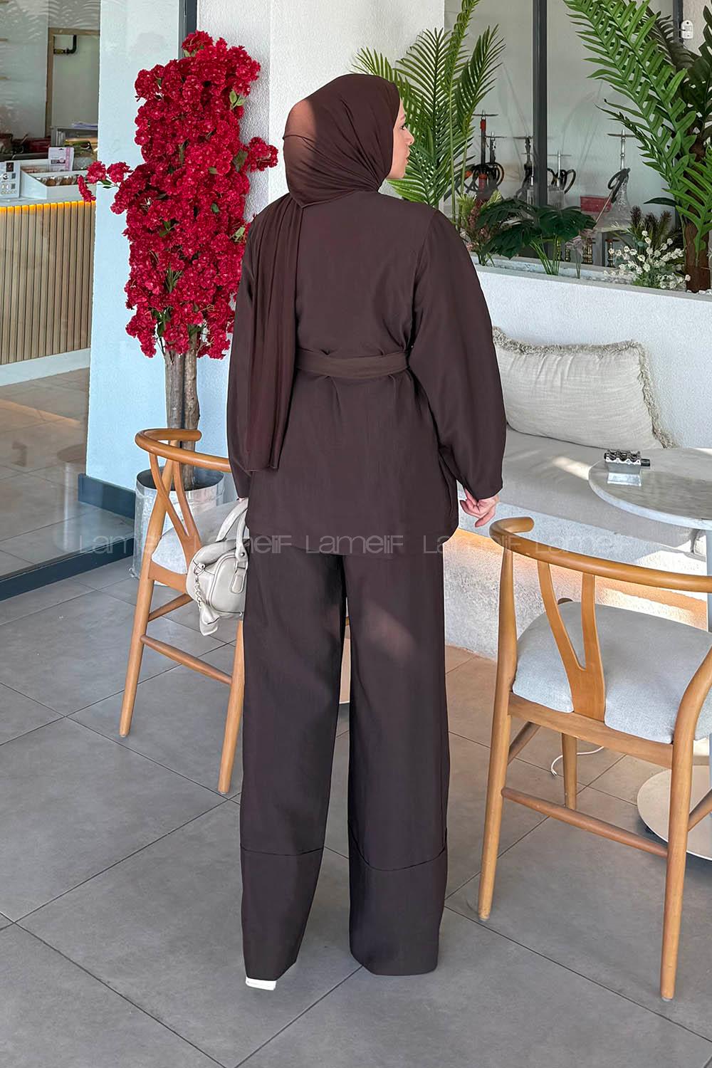 Lamelif Balon Kol Pantolonlu Takım Acı Kahve