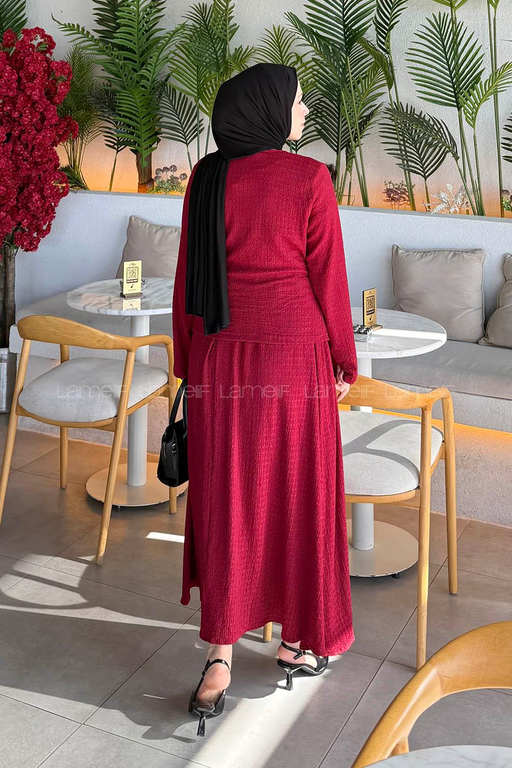 Lamelif Broş Detaylı Etekli Takım Bordo