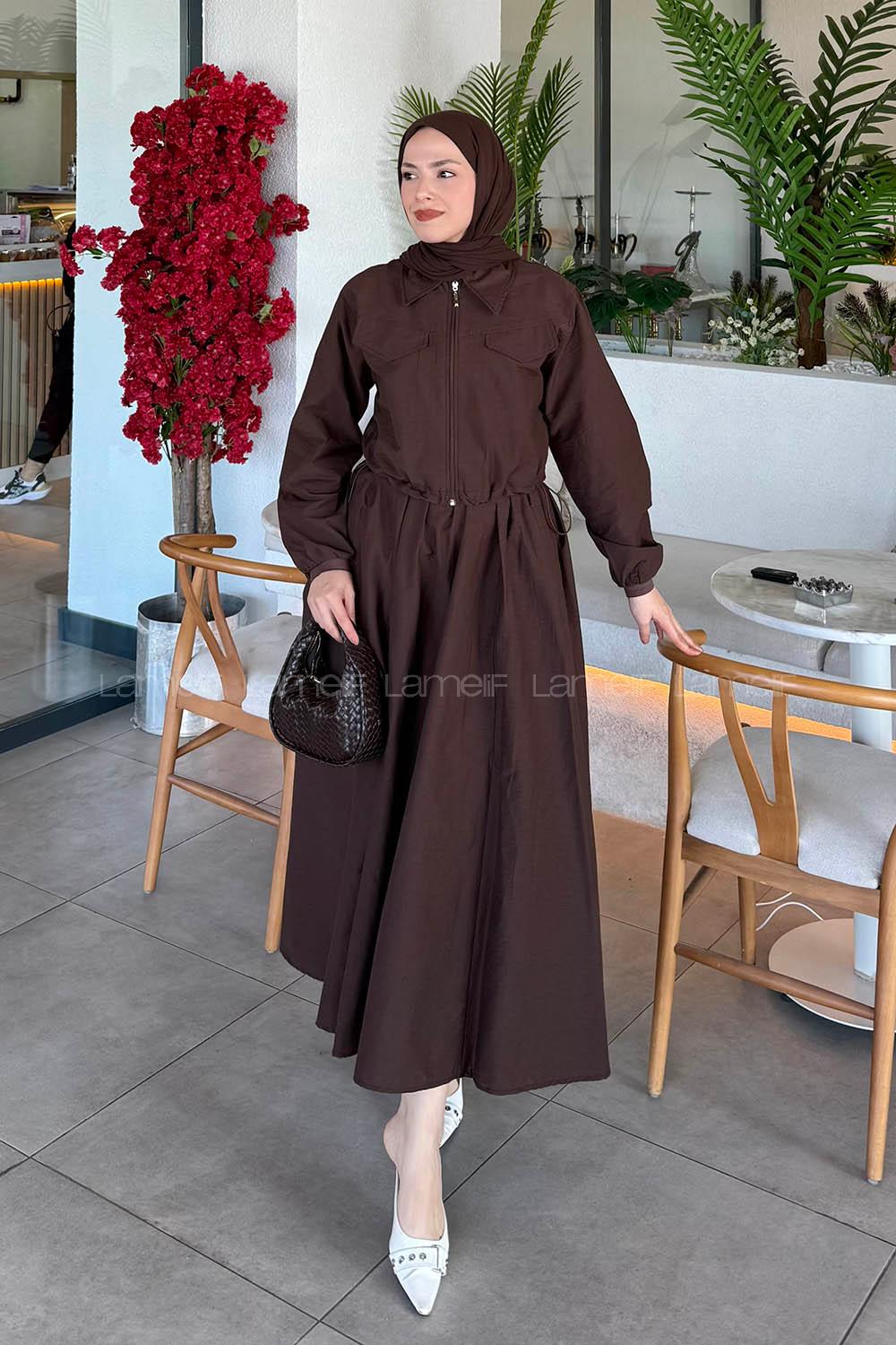 Lamelif Cep Detaylı Etekli İkili Takım Acı Kahve