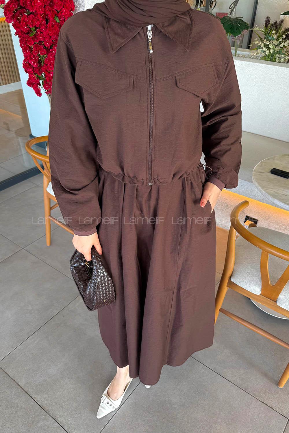 Lamelif Cep Detaylı Etekli İkili Takım Acı Kahve