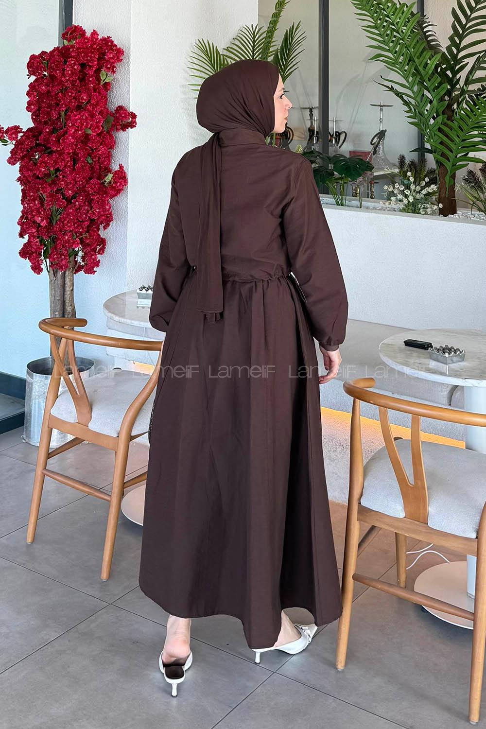 Lamelif Cep Detaylı Etekli İkili Takım Acı Kahve