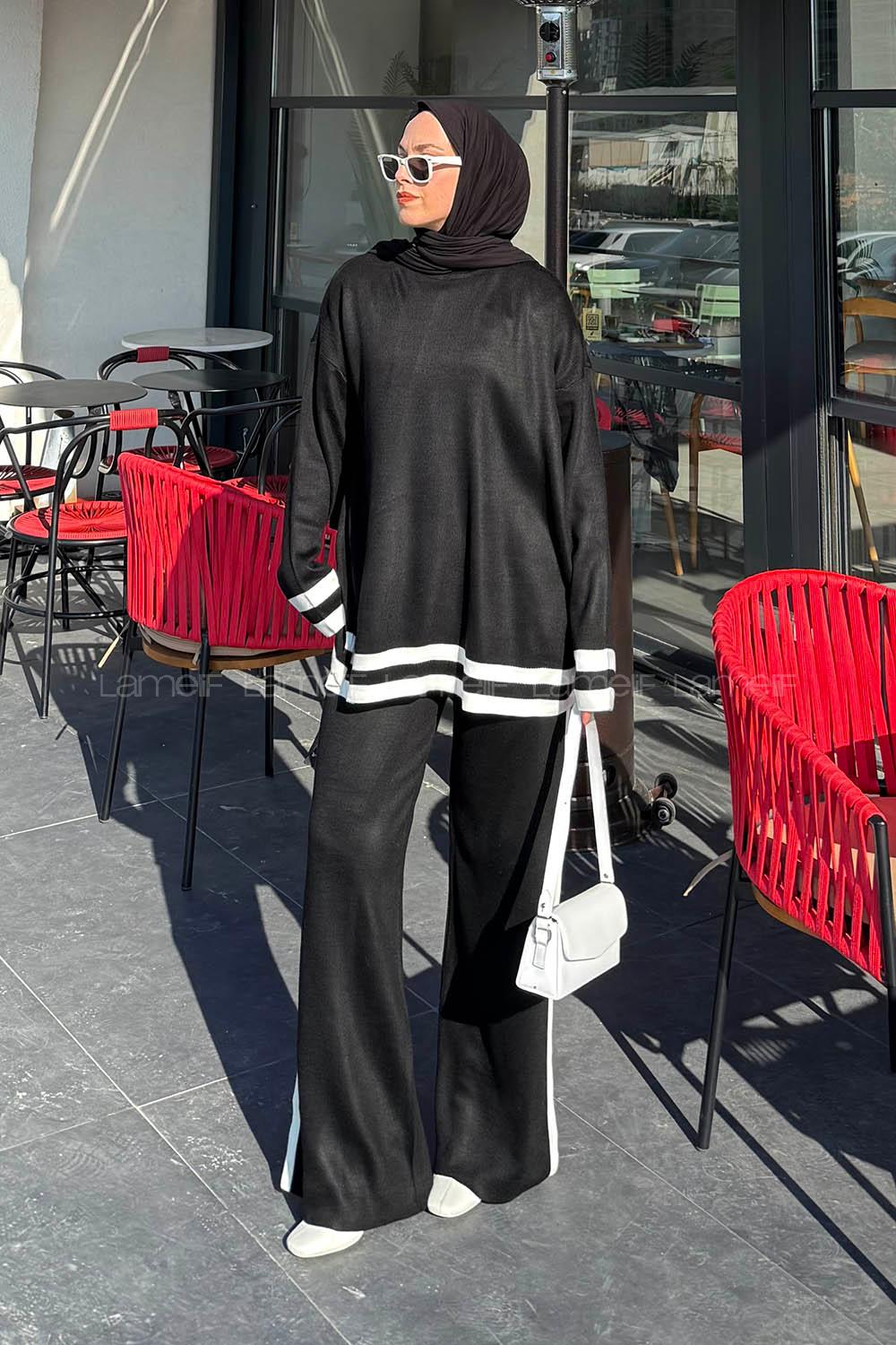 Lamelif Çizgili Pantolon Triko Tesettür Takım Siyah
