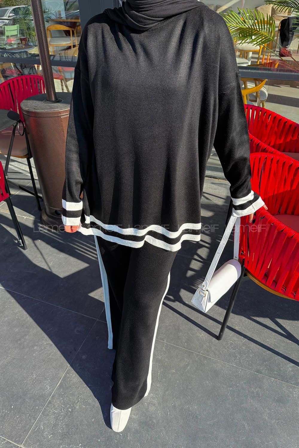 Lamelif Çizgili Pantolon Triko Tesettür Takım Siyah