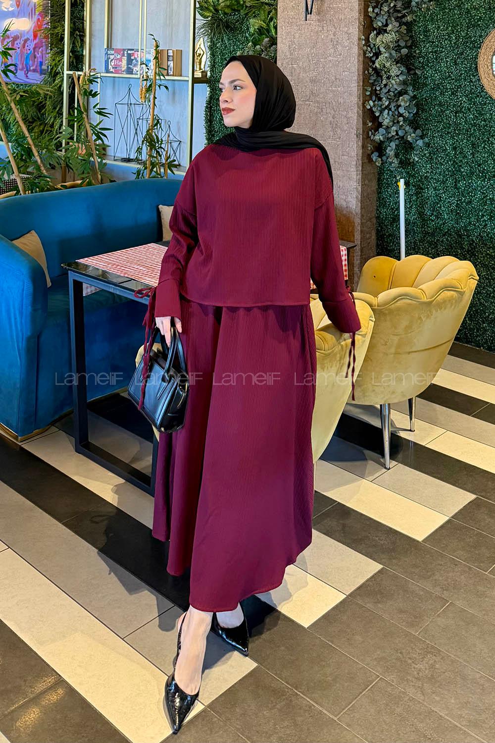 Lamelif Takma Manşet Biye Detaylı İkili Takım Bordo