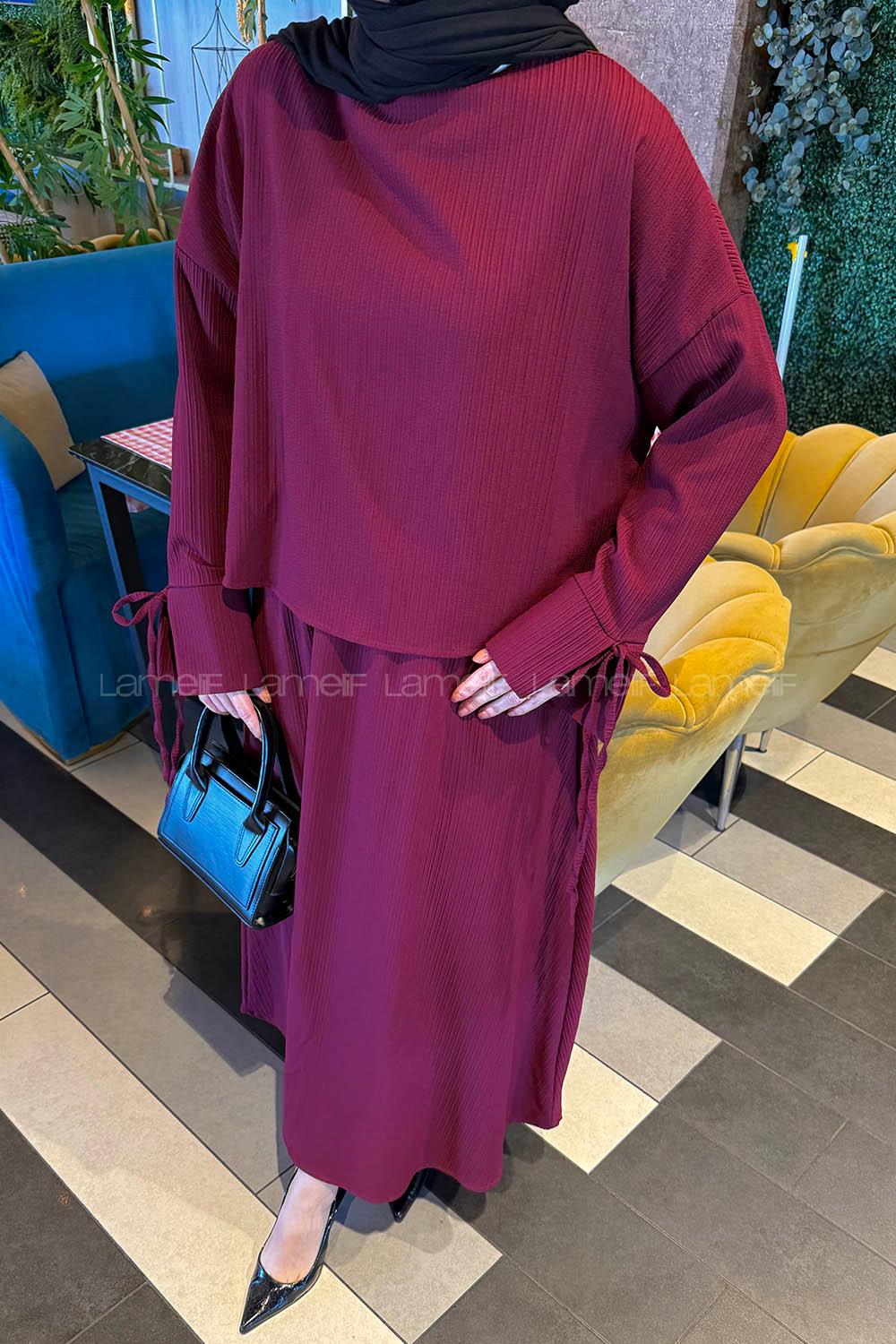 Lamelif Takma Manşet Biye Detaylı İkili Takım Bordo