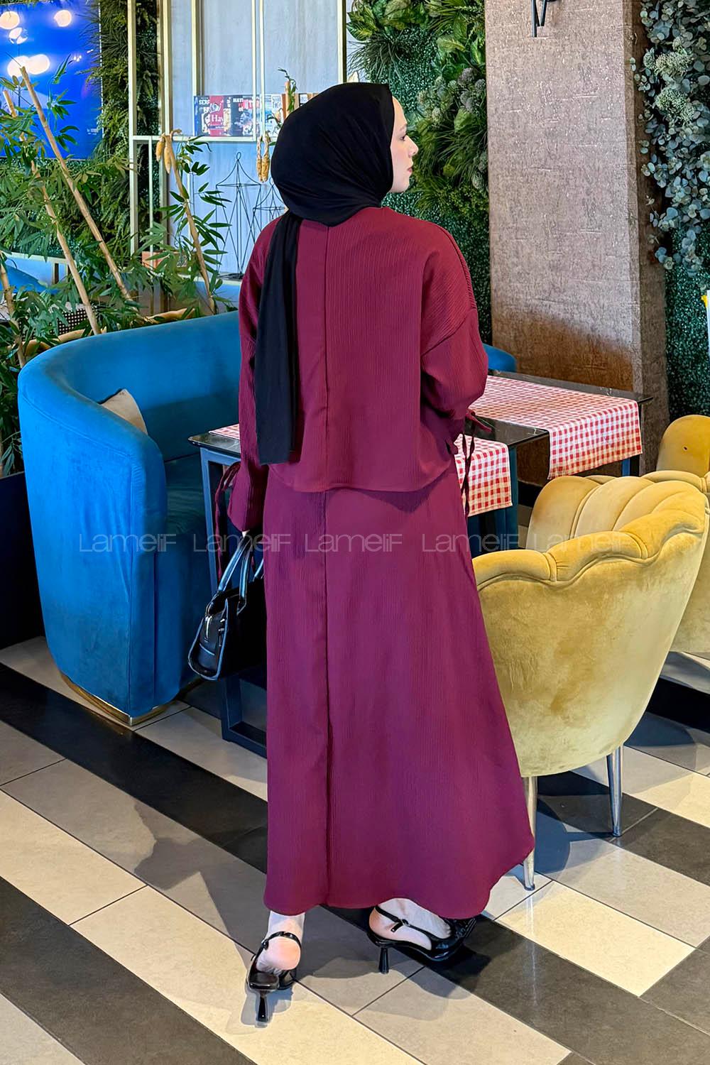 Lamelif Takma Manşet Biye Detaylı İkili Takım Bordo