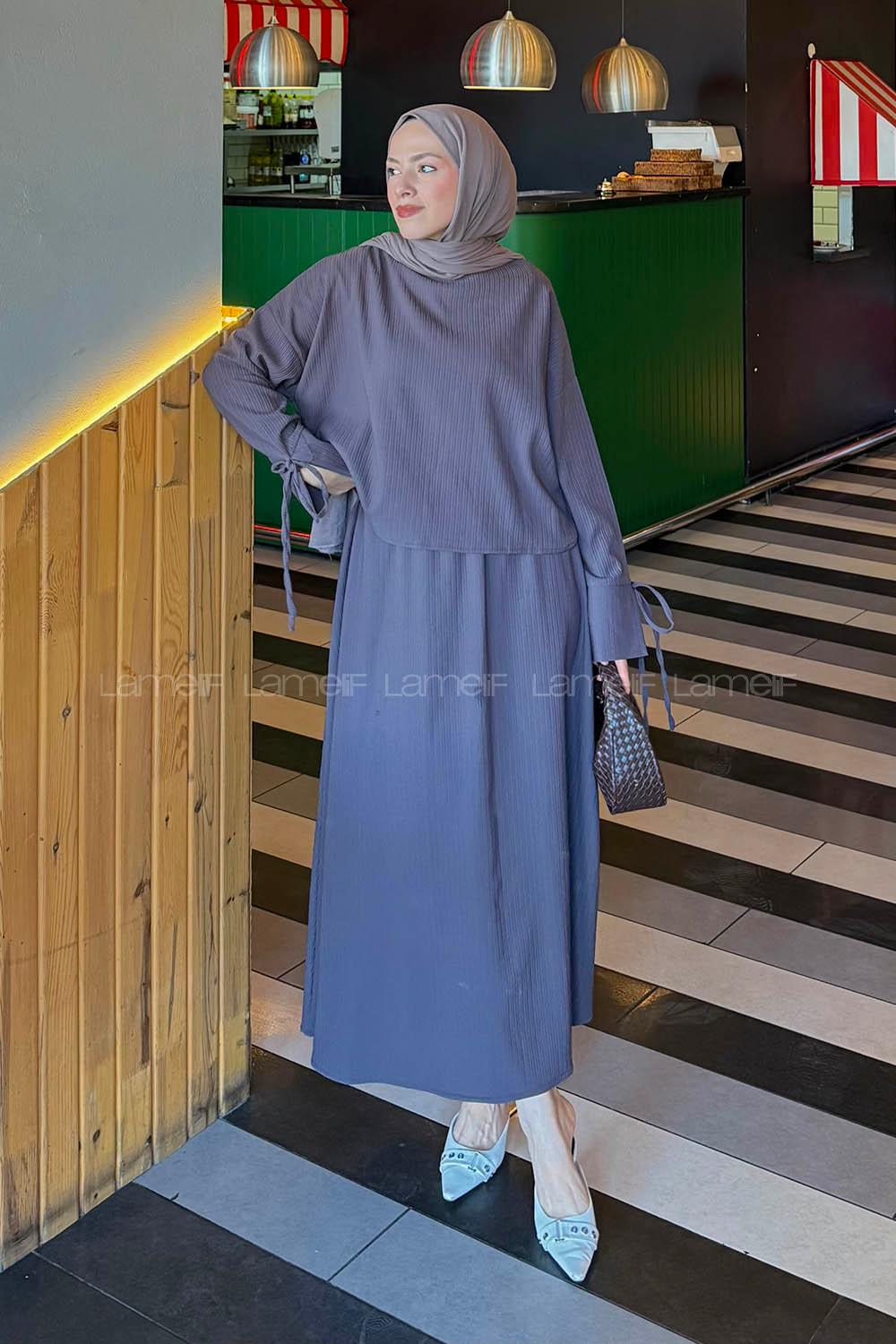 Lamelif Takma Manşet Biye Detaylı İkili Takım Soft Kahve