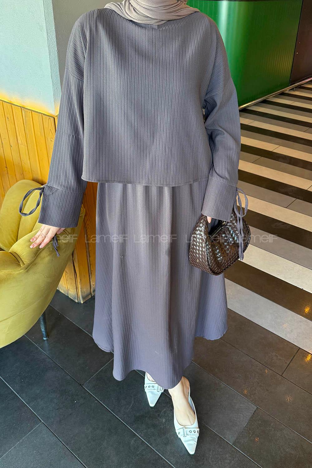 Lamelif Takma Manşet Biye Detaylı İkili Takım Soft Kahve