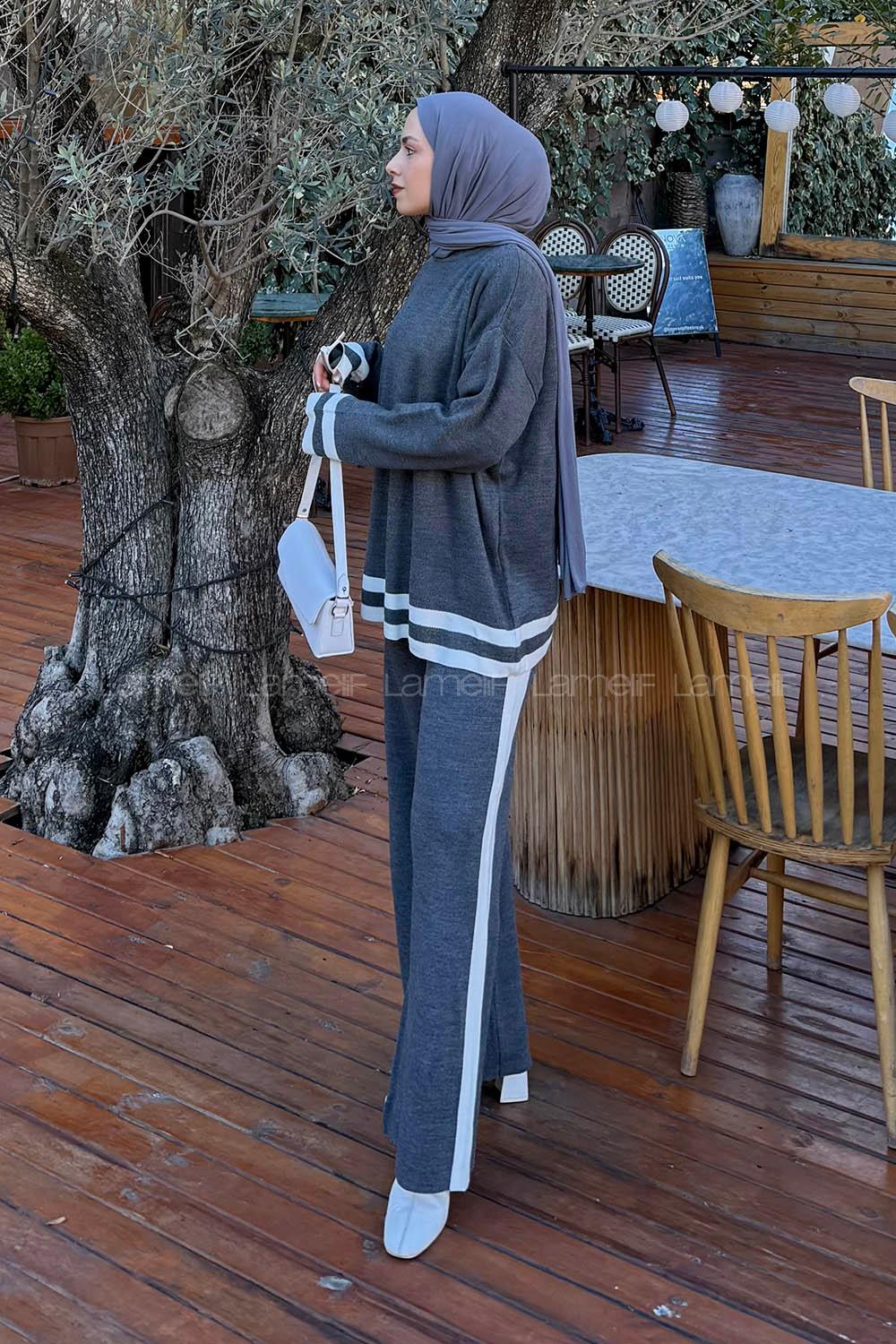 Lamelif Çizgili Pantolon Triko Tesettür Takım Antrasit