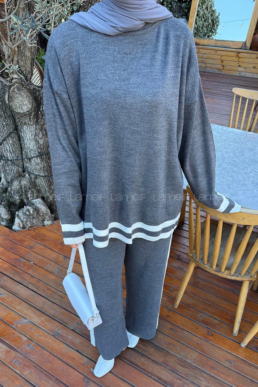 Lamelif Çizgili Pantolon Triko Tesettür Takım Antrasit