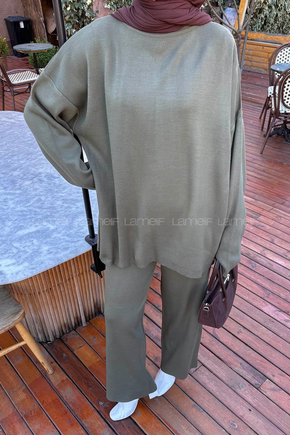 Khaki Crew Neck Long Arm Without Accessories Knitwear Regular Trousers Comfortable Suit