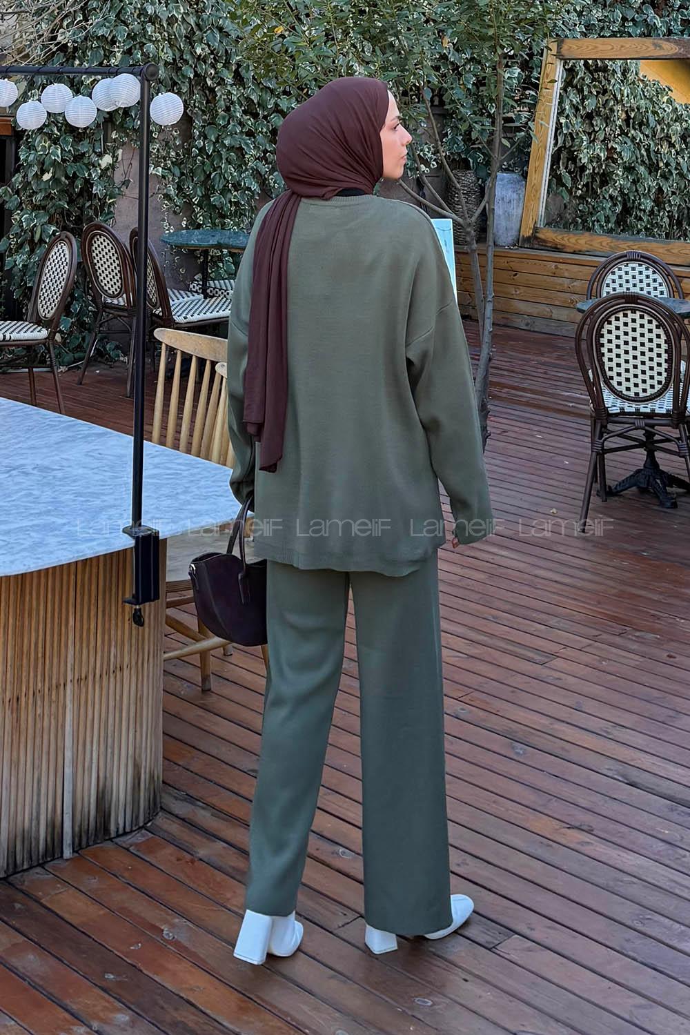 Khaki Crew Neck Long Arm Without Accessories Knitwear Regular Trousers Comfortable Suit