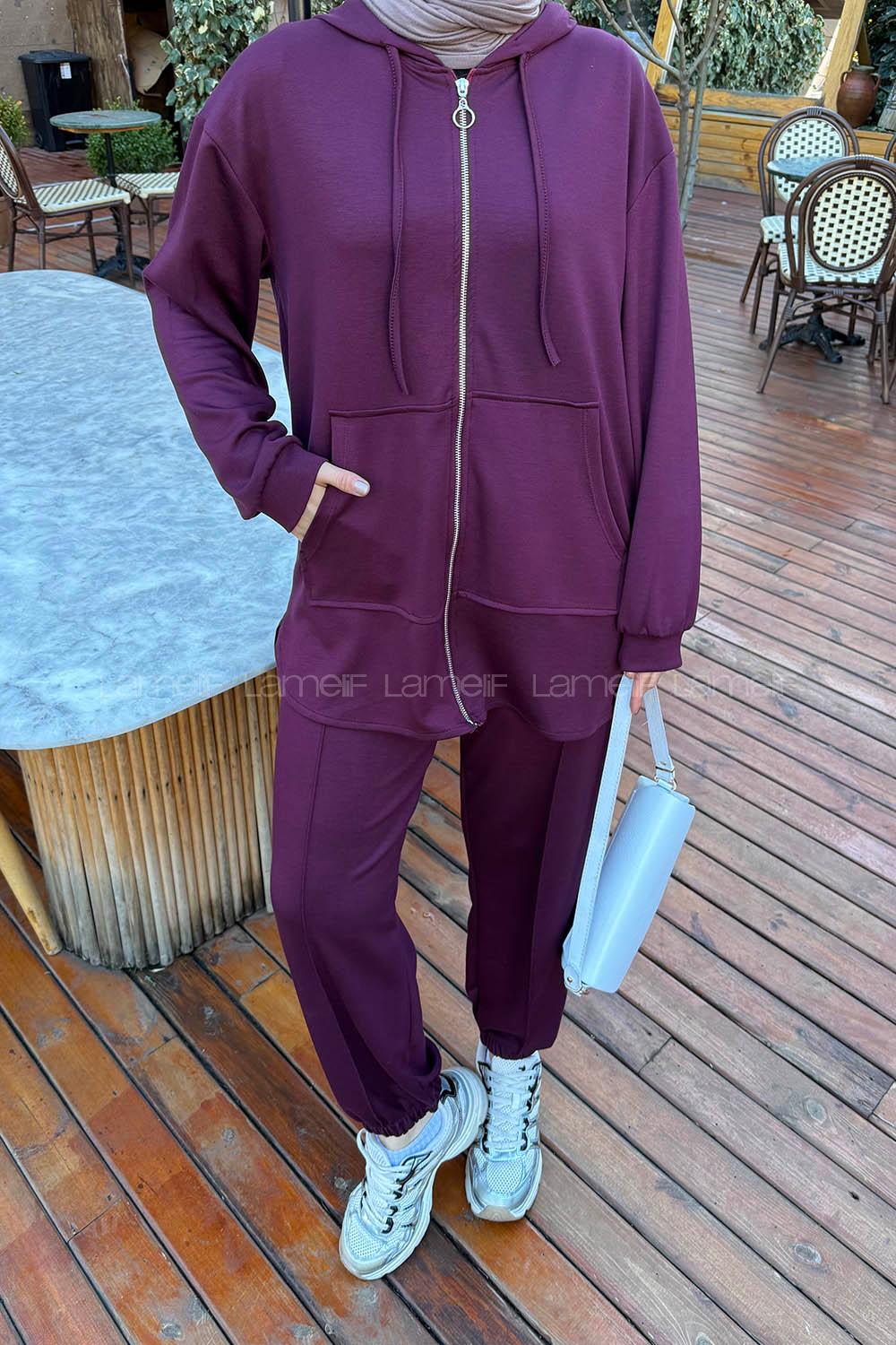 Lamelif Kapüşonlu Kanguru Cep İkili Takım Bordo