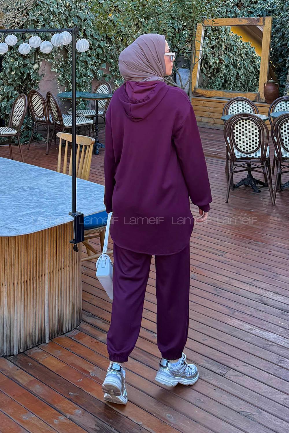 Lamelif Kapüşonlu Kanguru Cep İkili Takım Bordo