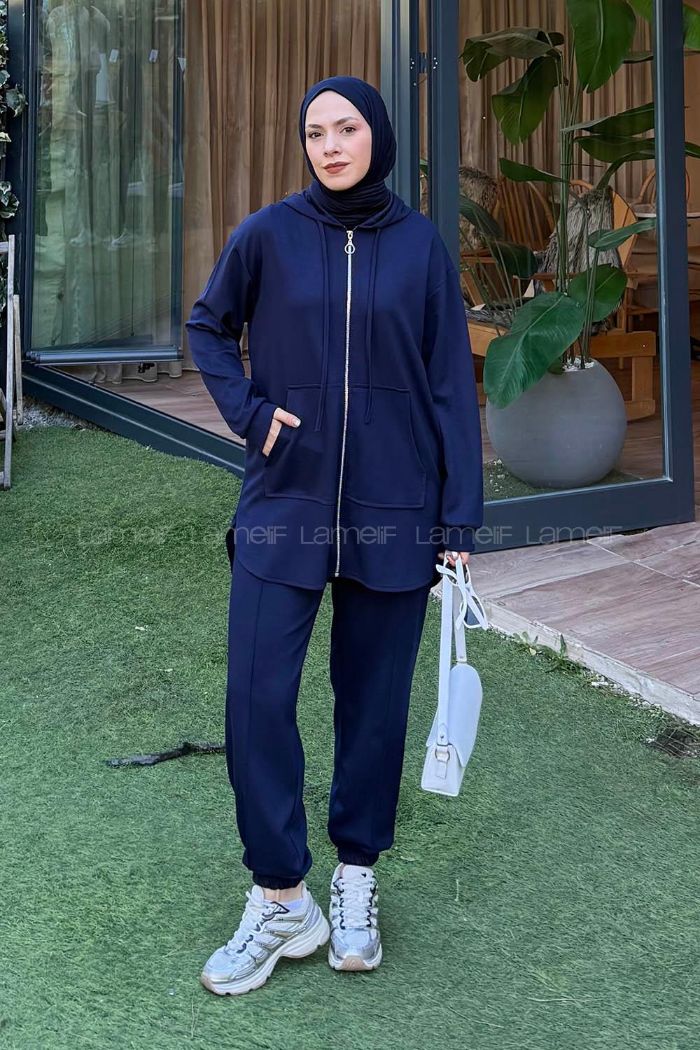 Lamelif Kapüşonlu Kanguru Cep İkili Takım Lacivert