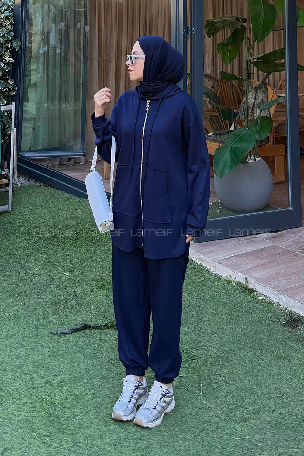 Lamelif Kapüşonlu Kanguru Cep İkili Takım Lacivert