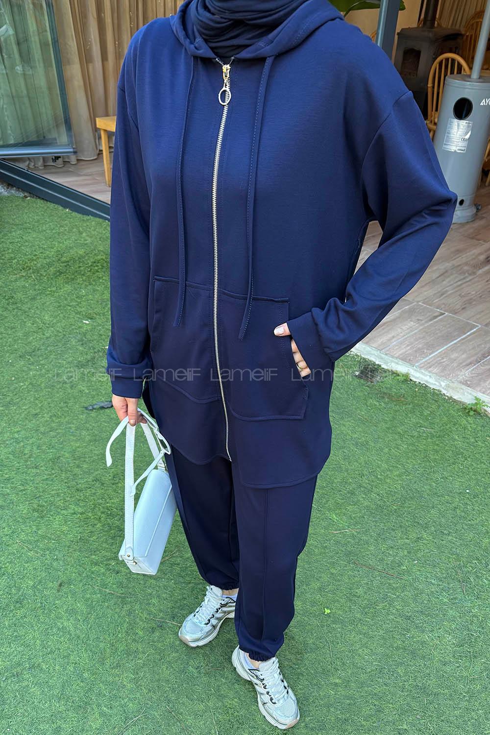 Lamelif Kapüşonlu Kanguru Cep İkili Takım Lacivert