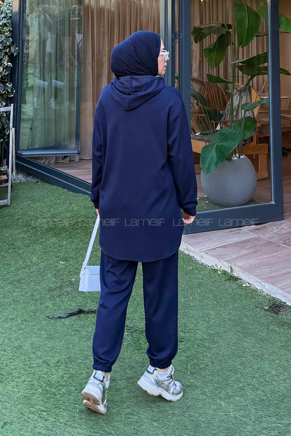Lamelif Kapüşonlu Kanguru Cep İkili Takım Lacivert