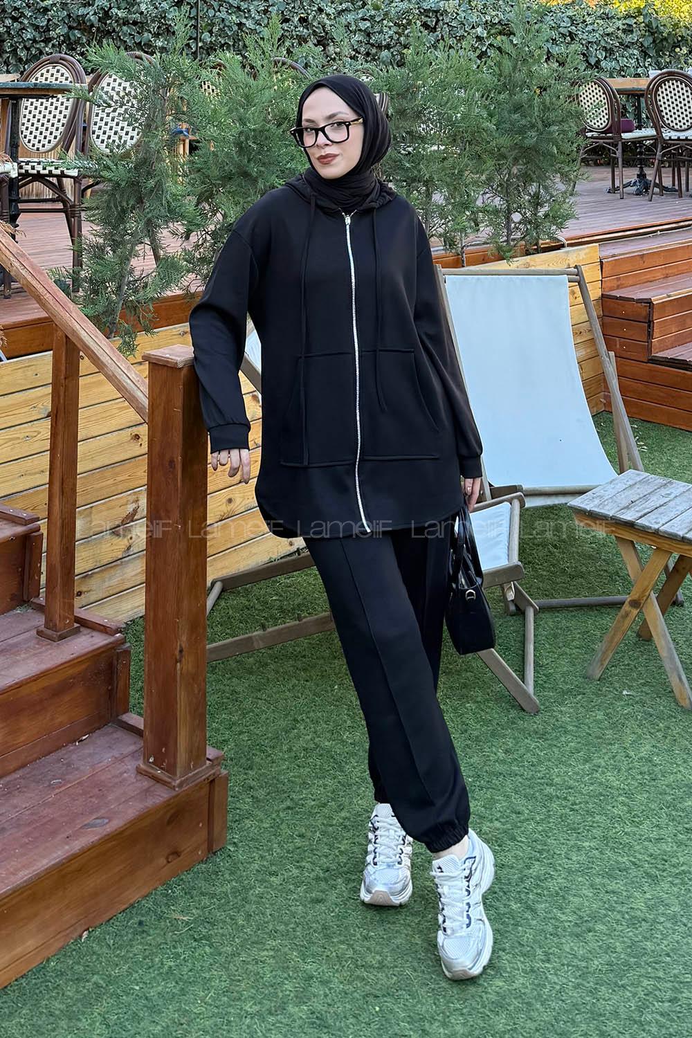 Lamelif Kapüşonlu Kanguru Cep İkili Takım Siyah