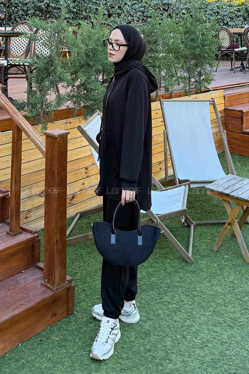 Lamelif Kapüşonlu Kanguru Cep İkili Takım Siyah