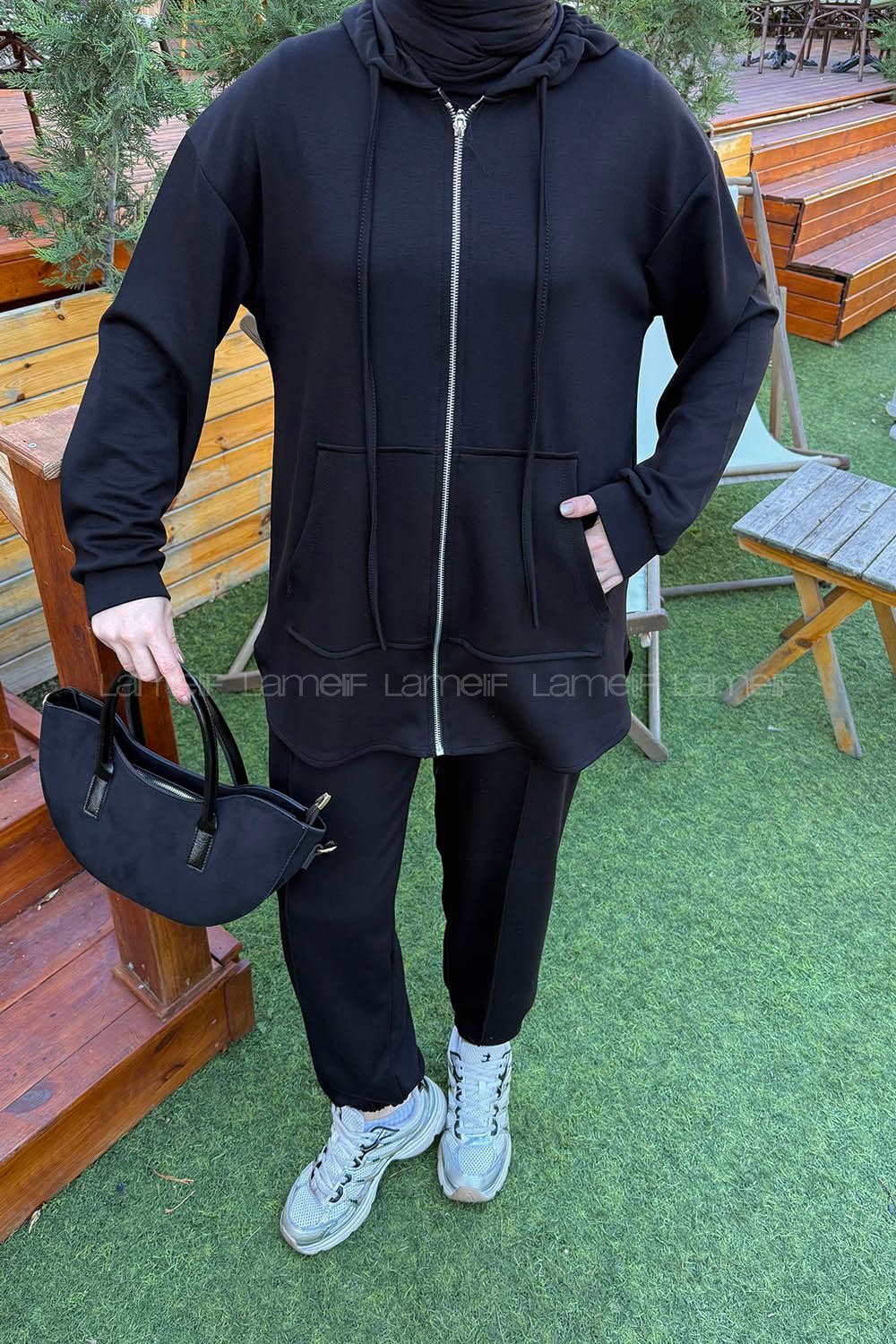 Lamelif Kapüşonlu Kanguru Cep İkili Takım Siyah