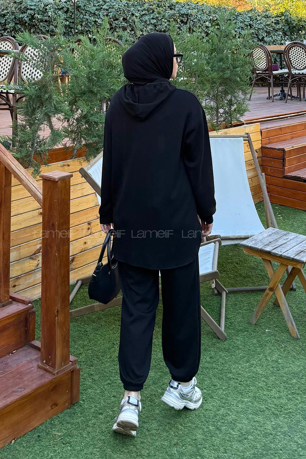 Lamelif Kapüşonlu Kanguru Cep İkili Takım Siyah