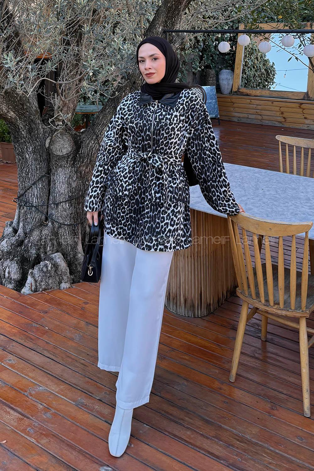 Lamelif Leopar Desen Kot Mont Siyah