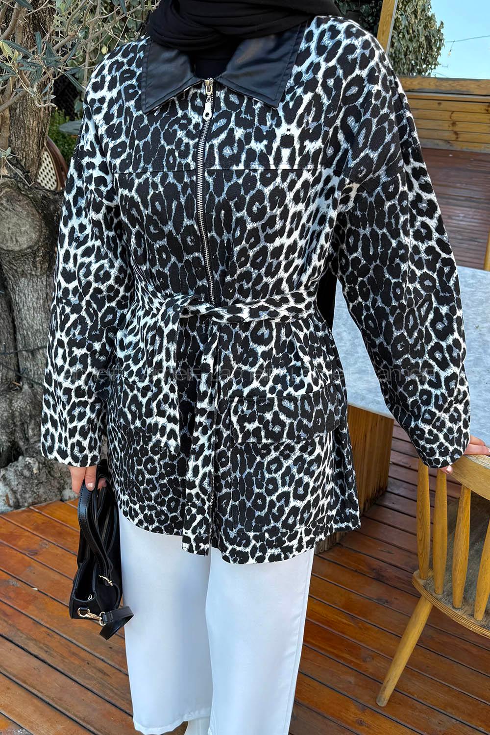 Lamelif Leopar Desen Kot Mont Siyah