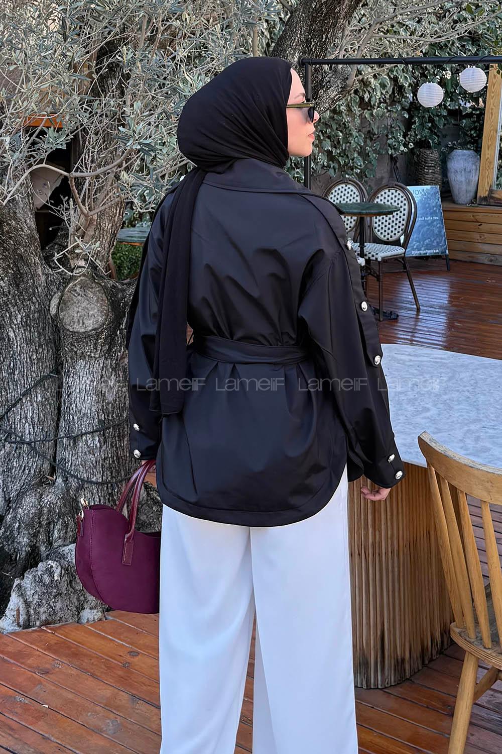 Lamelif Omuz Apoletli Kısa Trençkot Siyah