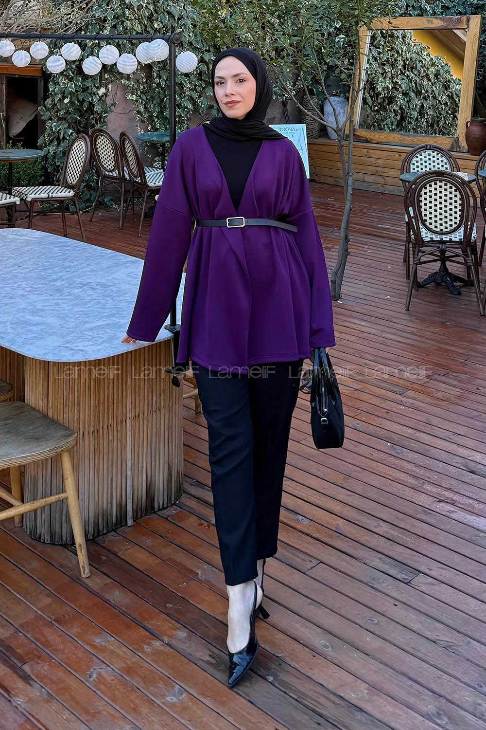 Purble V Neck Long Arm Polyester Cardigan