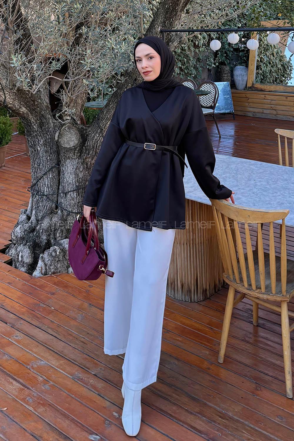 Lamelif Puf Scuba Kimono Siyah