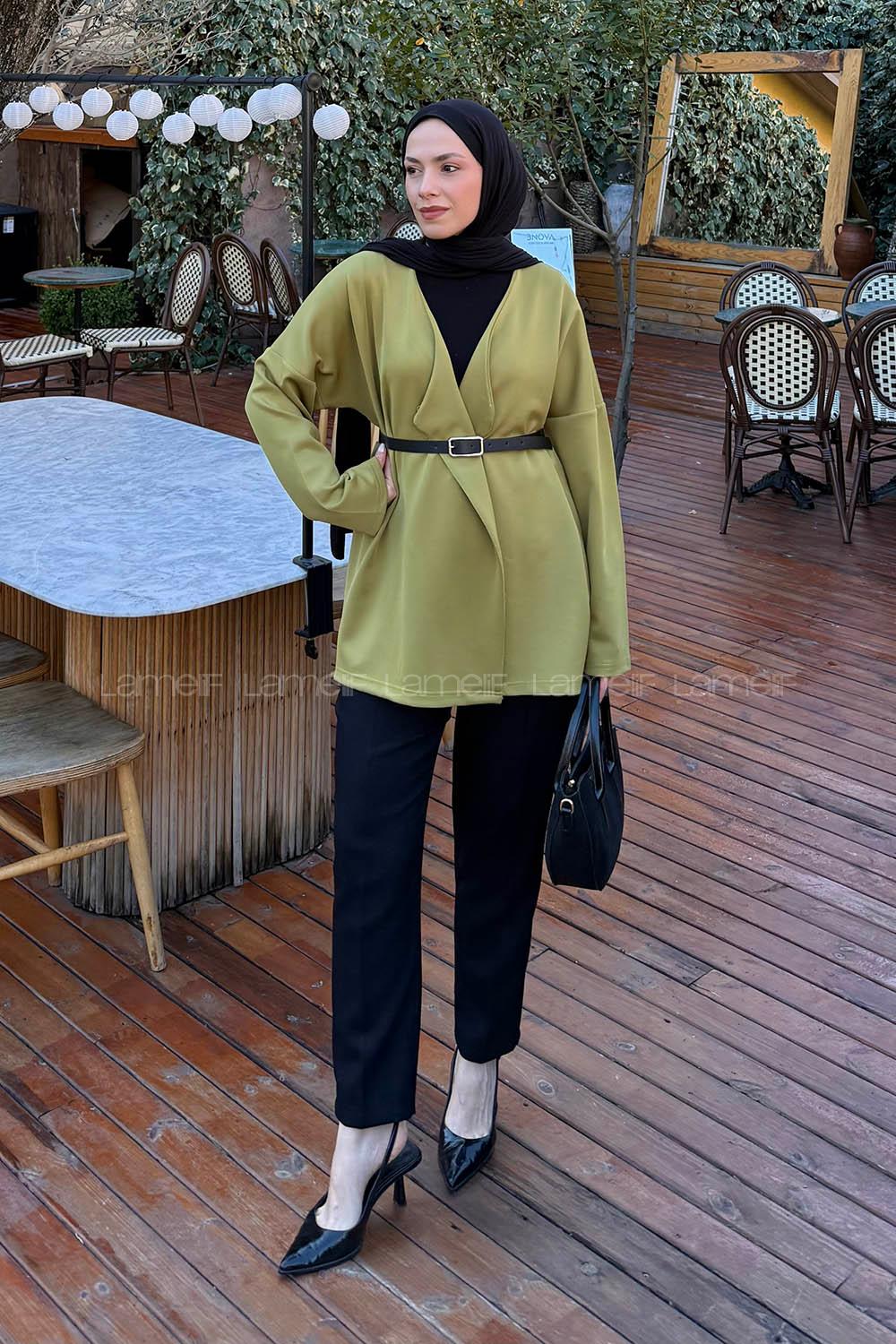 Oil Green V Neck Long Arm Polyester Cardigan