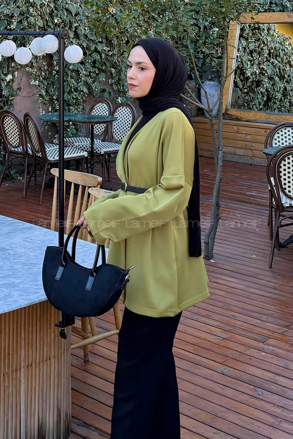 Oil Green V Neck Long Arm Polyester Cardigan