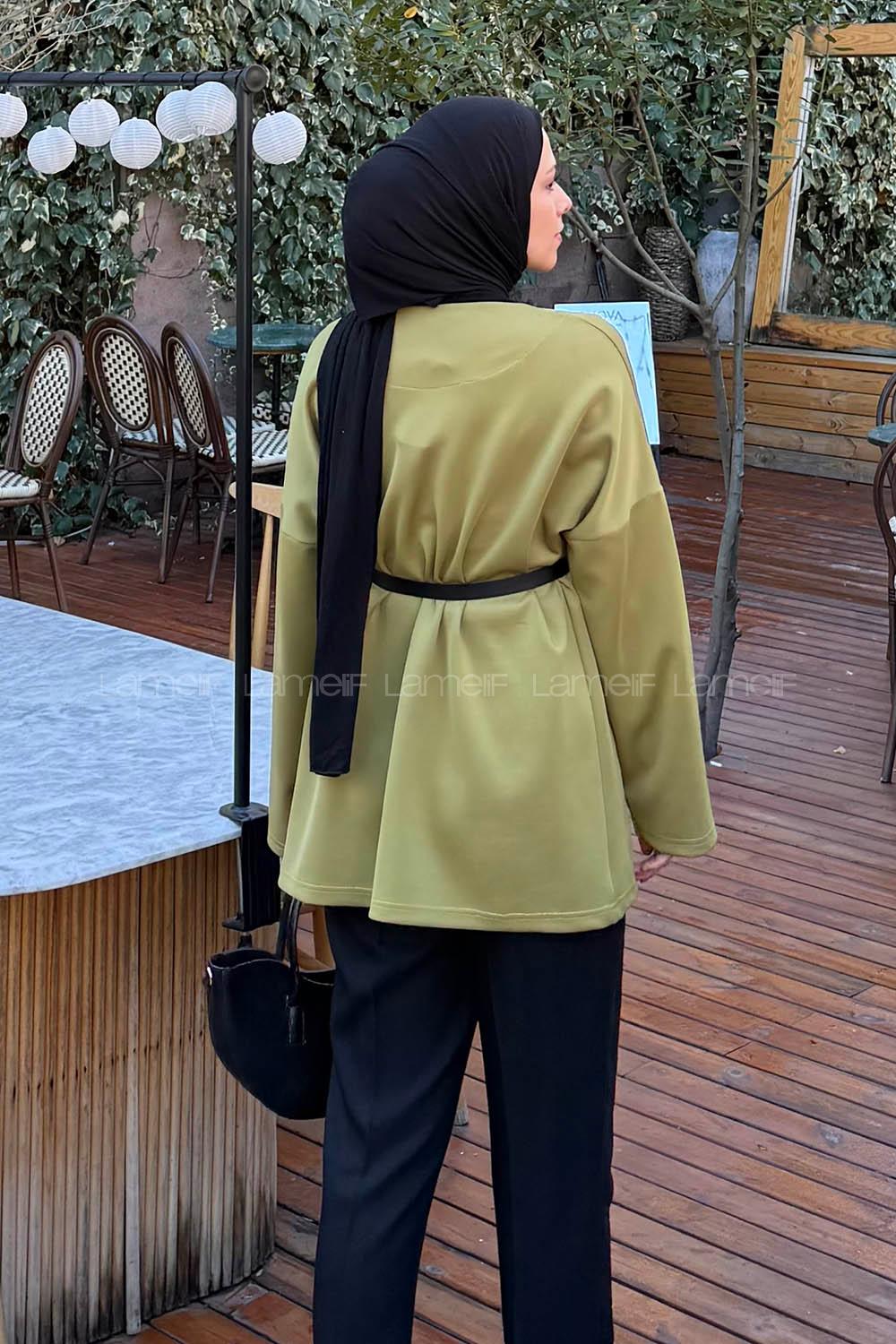 Oil Green V Neck Long Arm Polyester Cardigan