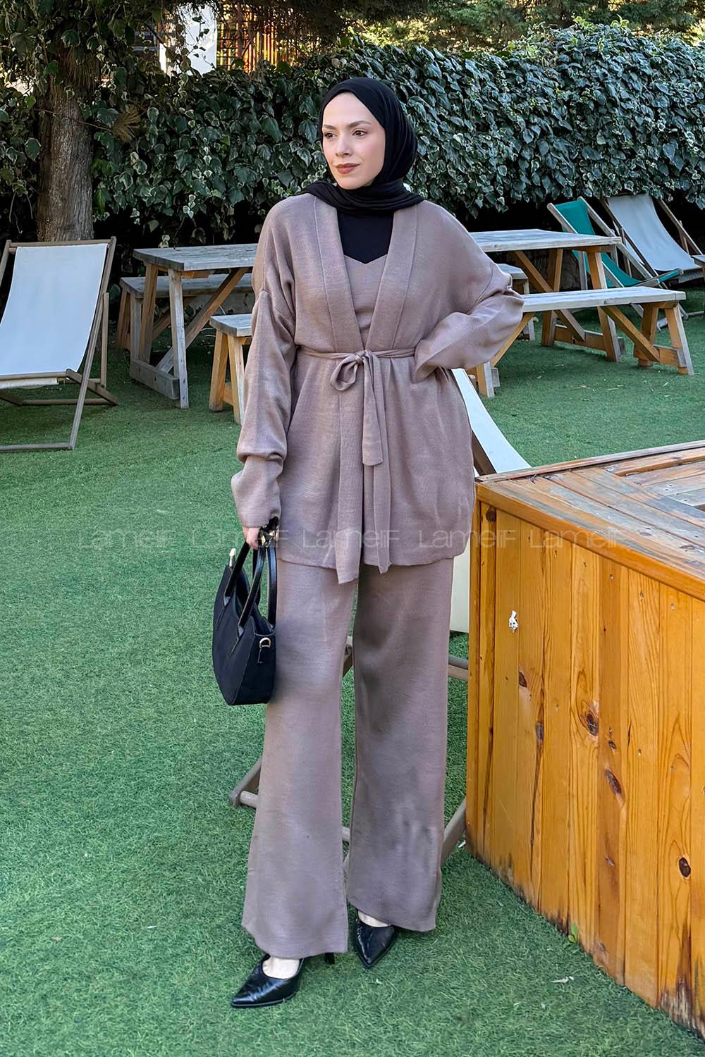 Soft Brown V Neck Long Arm Acrylic Cotton Fabric Regular Trousers Comfortable Suit