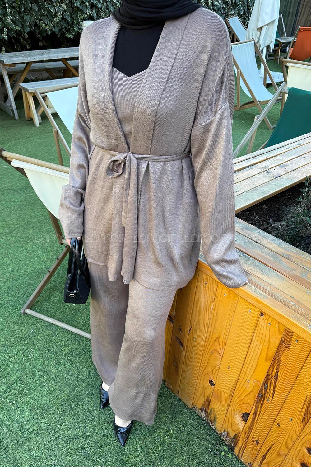 Soft Brown V Neck Long Arm Acrylic Cotton Fabric Regular Trousers Comfortable Suit