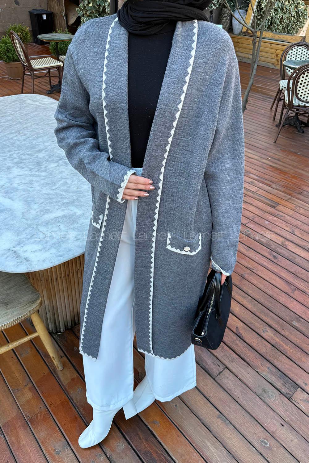 Lamelif Uzun Tesettür Hırka Gri