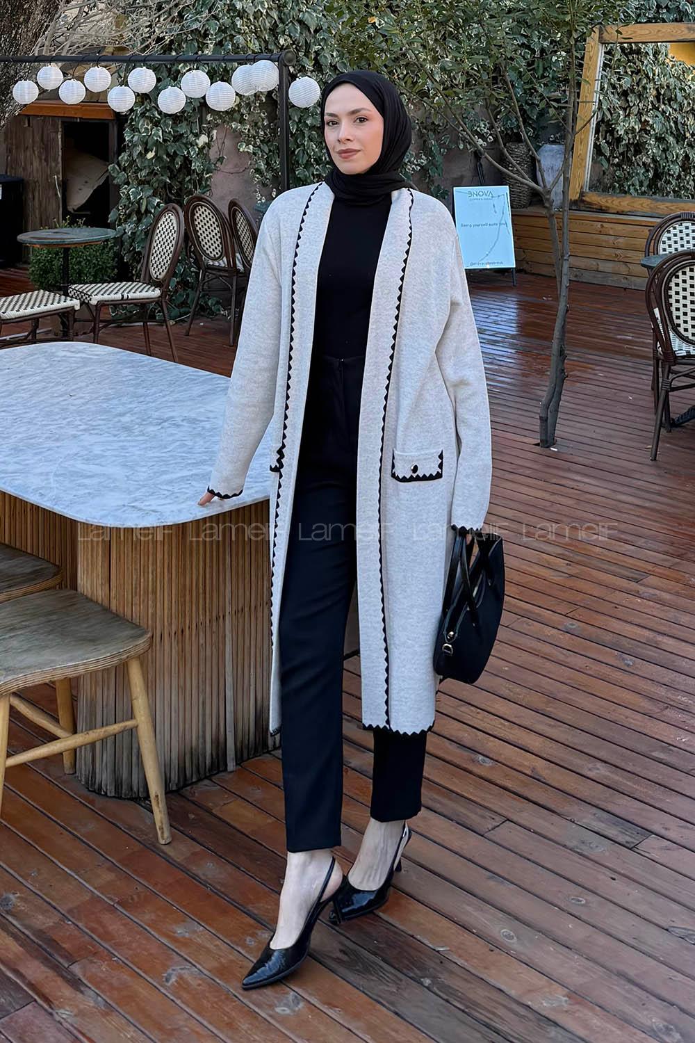 Lamelif Uzun Tesettür Hırka Krem