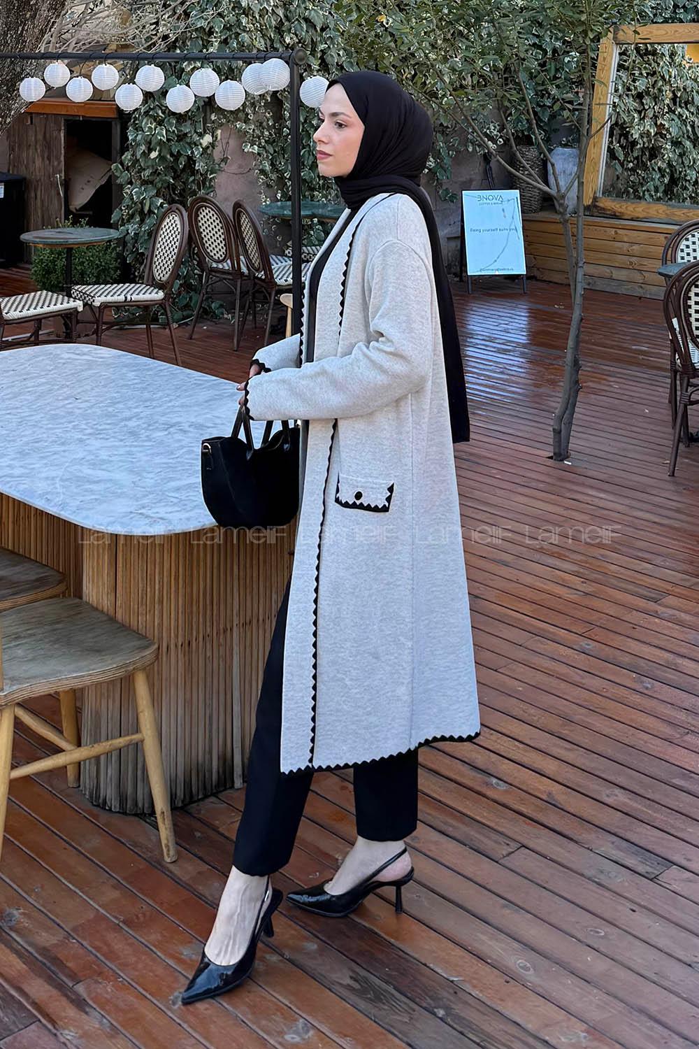 Lamelif Uzun Tesettür Hırka Krem