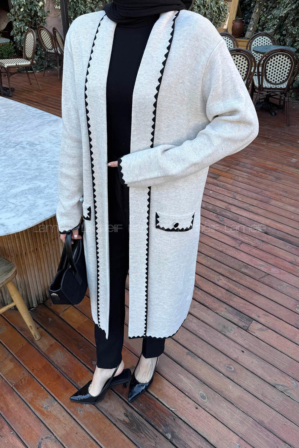 Lamelif Uzun Tesettür Hırka Krem